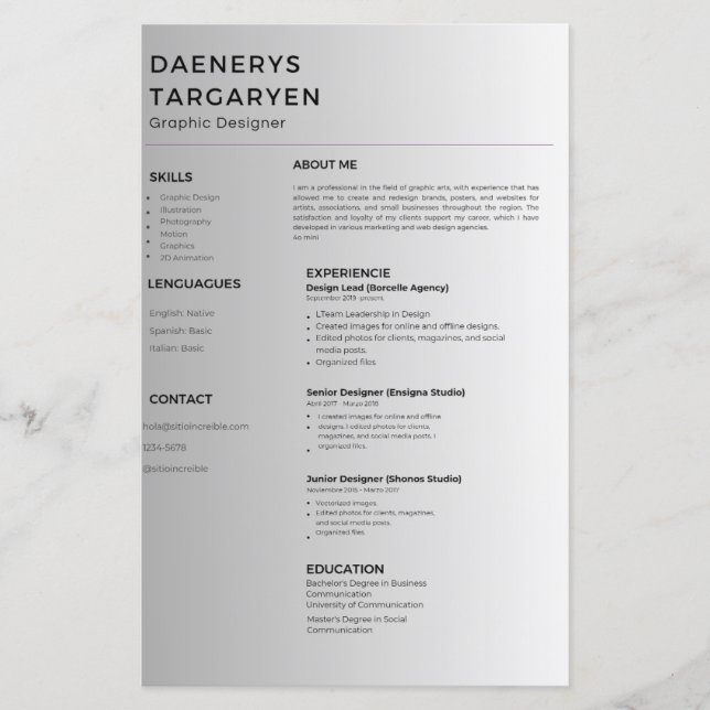 Papier customizable resume sheet curriculum vitae (Devant)