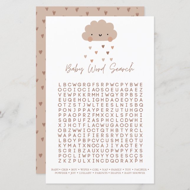 Papier Cute Boho Pluie Nuage Baby shower Word Recherche J (Devant / Derrière)