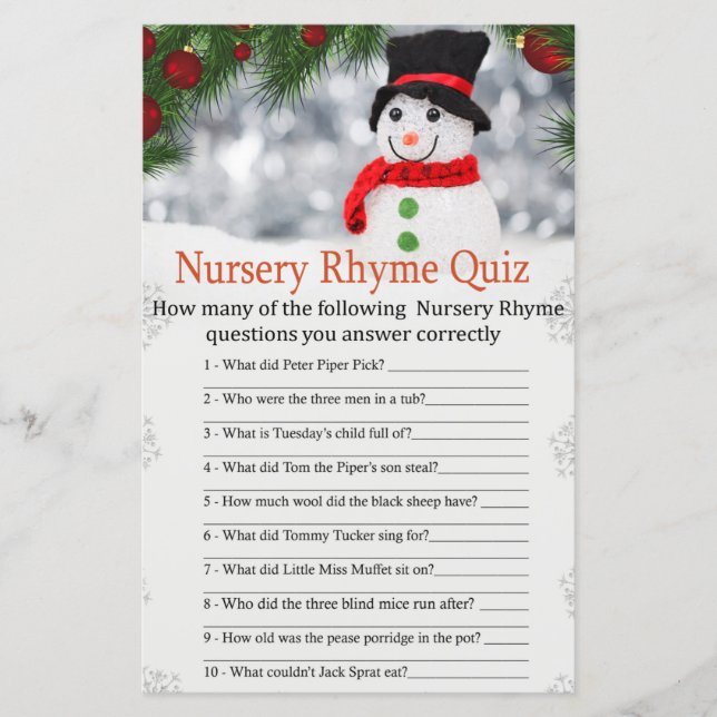 Papier Cute bonhomme de neige Nursery Rhyme Quiz jeu de b (Devant)