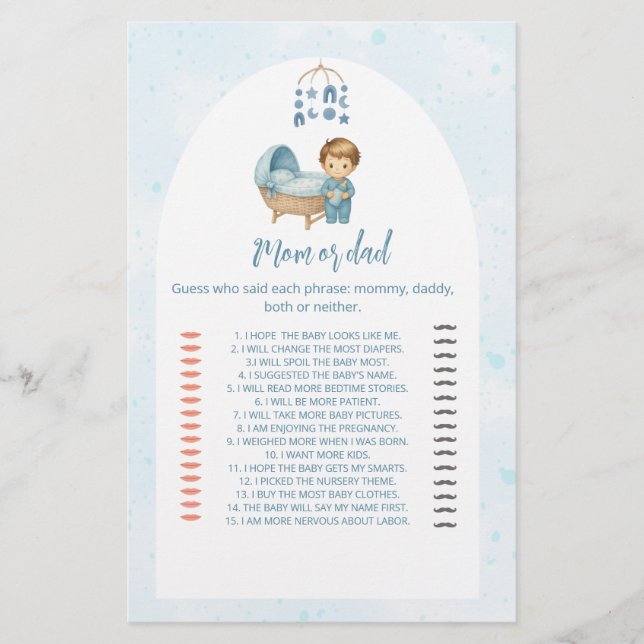 Papier Cute Boy Blue Nursery Baby shower Devinez Qui jeu (Devant)