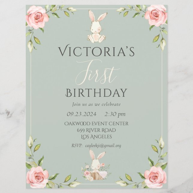 Papier Cute Bunny Premier Anniversaire Green Budget Invit (Devant)