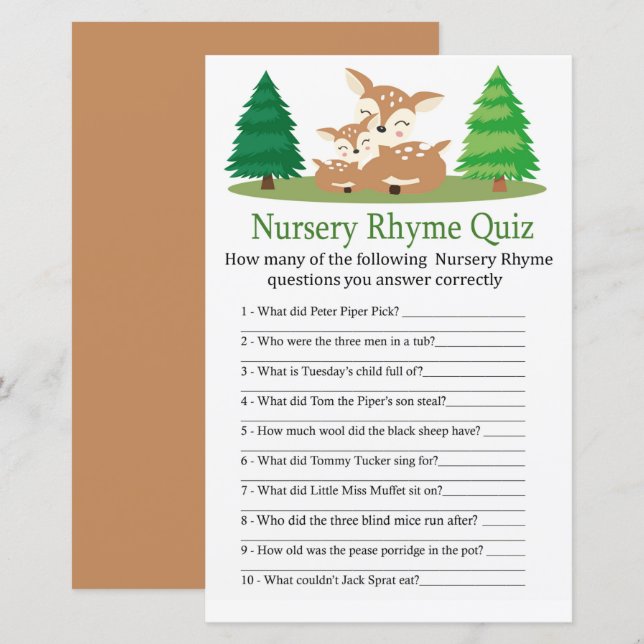 Papier Cute Deer Nursery Rhyme Quiz jeu de baby shower (Devant / Derrière)