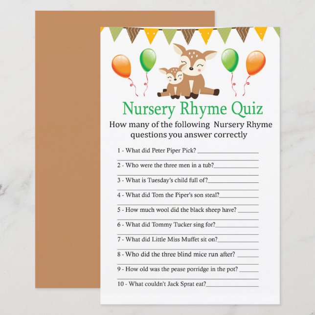 Papier Cute fawn Nursery Rhyme Quiz jeu de baby shower (Devant / Derrière)