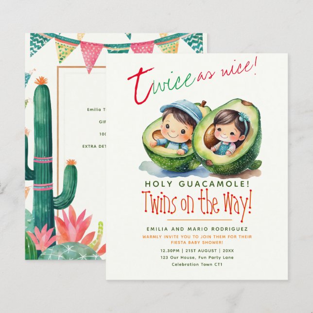 Papier Cute Fiesta Avocado TWIN GIRL and BOY Baby shower (Devant / Derrière)