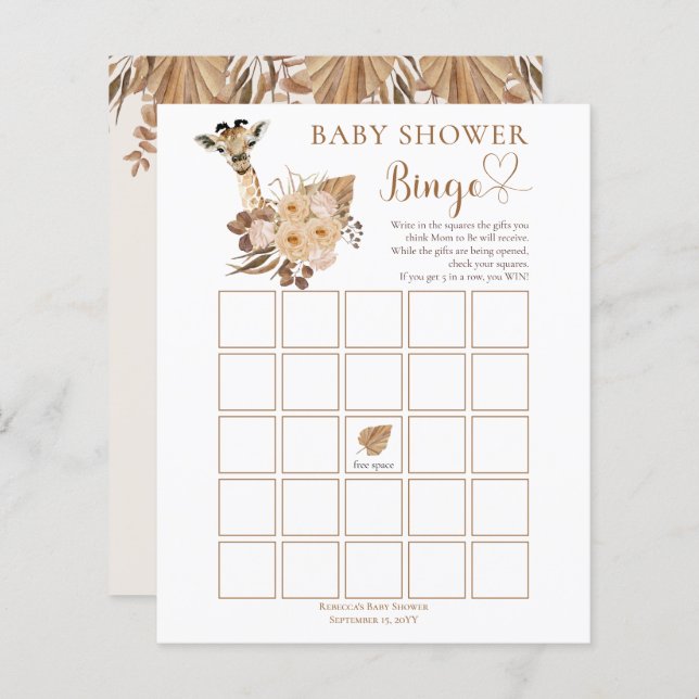 Papier Cute Giraffe Boho Grasses séchées Baby shower Bing (Devant / Derrière)