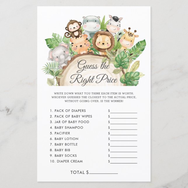 Papier Cute Jungle Devine le bon prix Baby shower jeu (Devant)