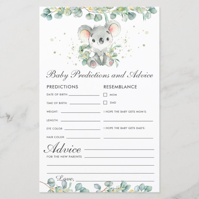 Papier Cute Koala Greenery Baby Prédictions et conseils (Devant)