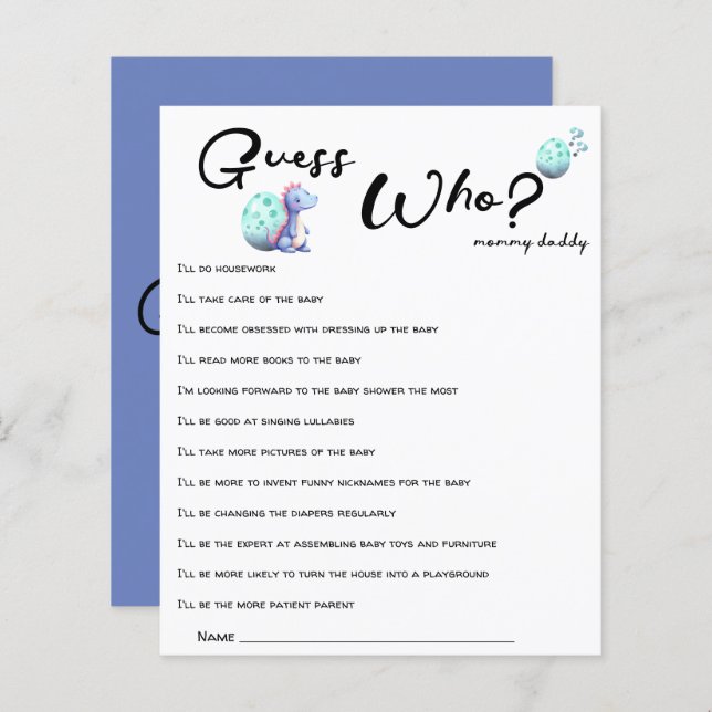 Papier Cute Little Dinosaur Baby shower Devinez Qui Joue (Devant / Derrière)