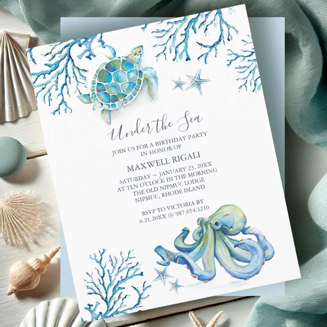 Papier Cute Ocean Animals Boys Budget Anniversaire Invita (Birthday invitations for kids under the sea theme watercolor art Victoria Grigaliunas DoTellABelle)