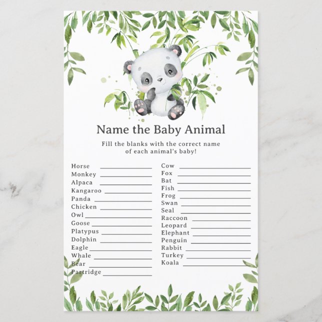 Papier Cute Panda Ours Vert Nom Bébé Animal Jeu (Devant)