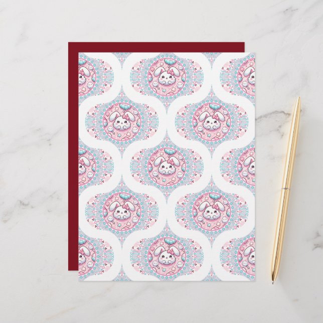Papier Cute Pastel Kawaii Bunny Dot Mandala Retro Ogee (Devant/Arrière en situation)