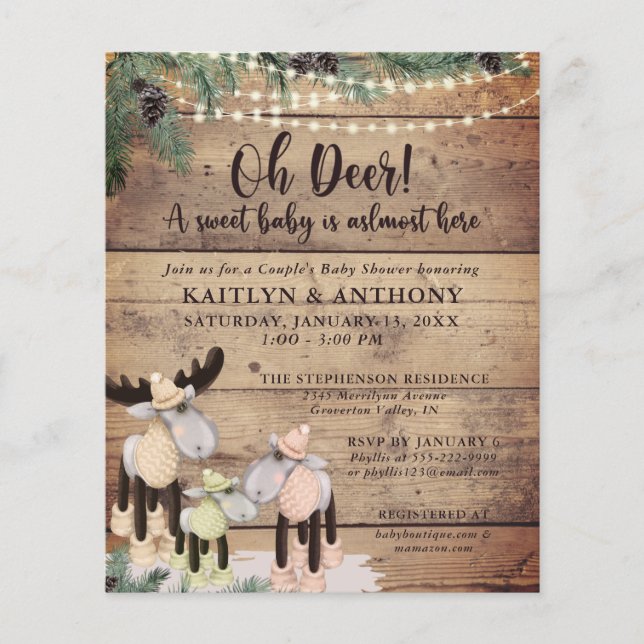 Papier Cute Rustic Deer Couple Baby shower Invitation bud (Devant)