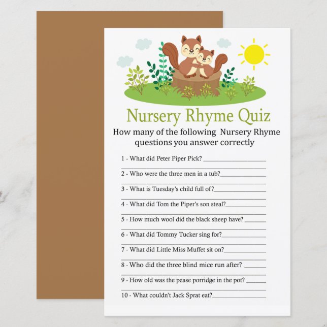 Papier Cute Squirrel Nursery Rhyme Quiz jeu de baby showe (Devant / Derrière)