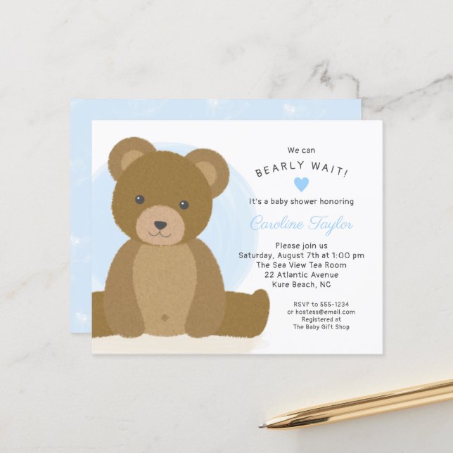 Papier Cute Teddy Bear Blue Heart Boy Baby shower Invitat (Devant/Arrière en situation)