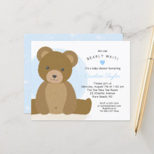 Papier Cute Teddy Bear Blue Heart Boy Baby shower Invitat