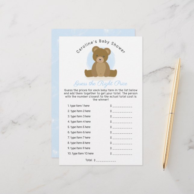 Papier Cute Teddy Bear Guess Prix Bébé Garçon Douche Jeu (Devant/Arrière en situation)