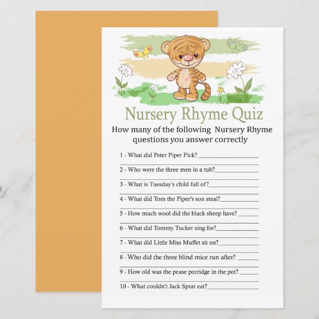 Papier Cute Tiger Nursery Rhyme Quiz jeu de baby shower (Devant / Derrière)