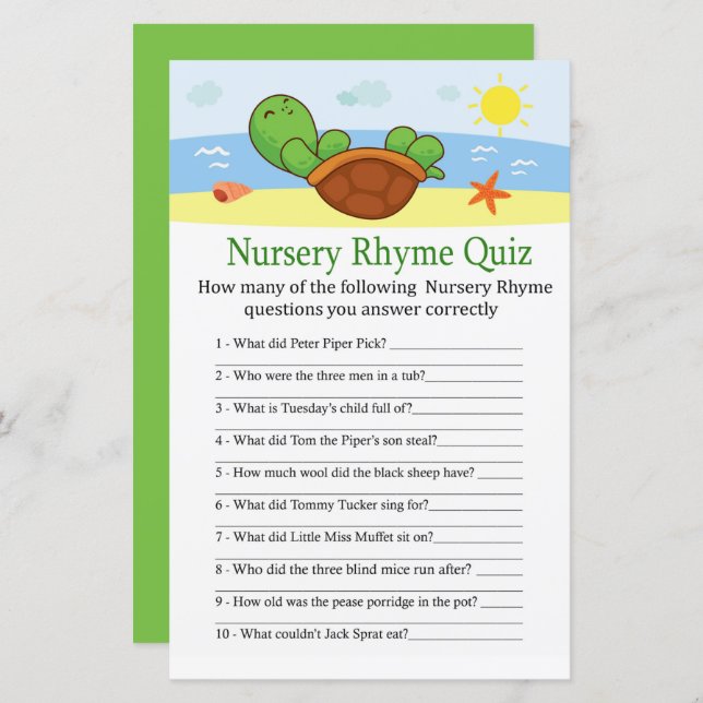 Papier Cute Turtle Nursery Rhyme Quiz jeu de baby shower (Devant / Derrière)