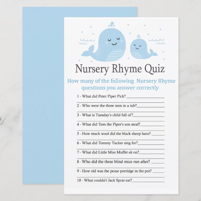 Papier Cute Whale Nursery Rhyme Quiz jeu de baby shower (Devant / Derrière)