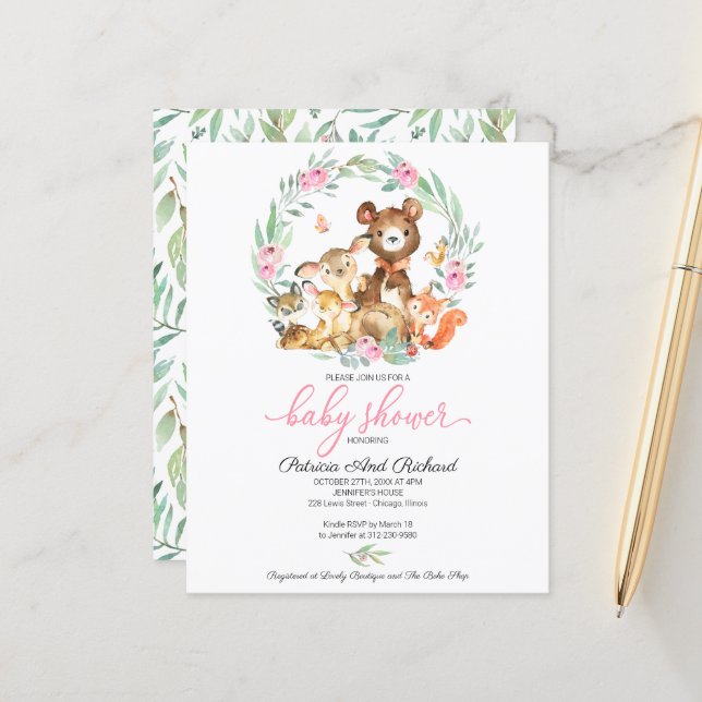 Papier Cute Woodland Animaux Baby shower verdoyant (Devant/Arrière en situation)
