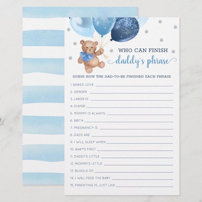 Papier Daddy's Phrase Jeu Baby shower Teddy Bear (Devant / Derrière)
