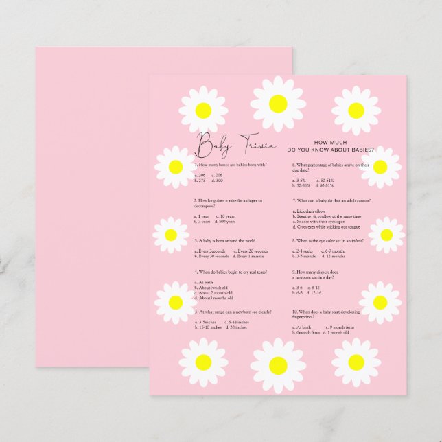 Papier Daisies Baby Trivia | Jeu Baby shower (Devant / Derrière)