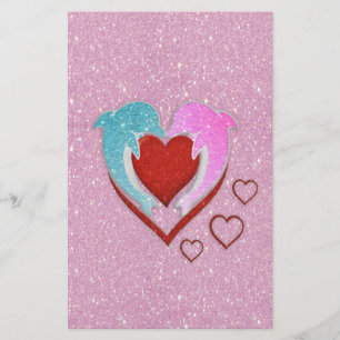 Papier Dauphins bleu rose mignons tenant un coeur rouge