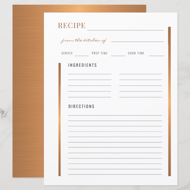 Papier De la cuisine de l'élégante recette blanche or (Devant / Derrière)