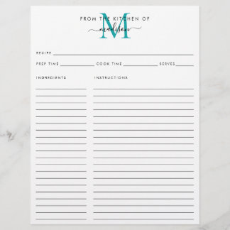 Papier De la cuisine de Turquoise Monogramme vert Recette