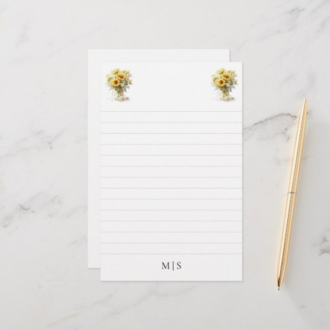 Papier de papeterie monogramme de tournesol person (Devant/Arrière en situation)