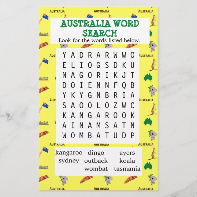 Papier de recherche de mots de l'Australie jaune (Devant)