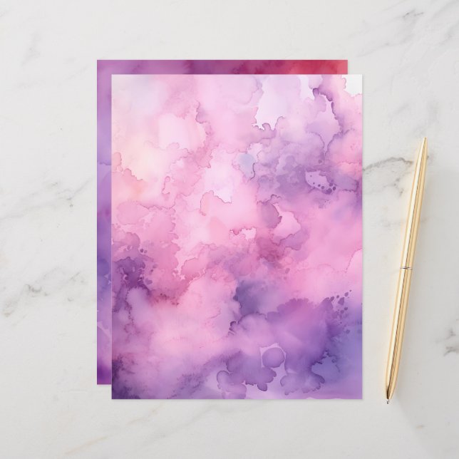 Papier de scrapbooking à l'aquarelle rose et viole (Devant/Arrière en situation)