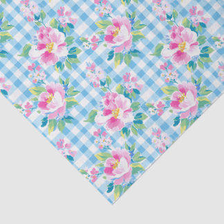 Papier de soie à carreaux bleus et à fleurs roses