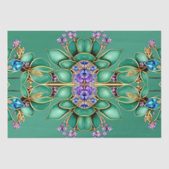 Papier de soie à feuilles vertes et gemmes violett (Recto)