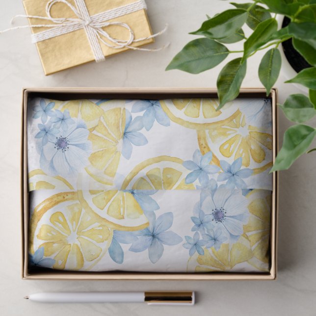 Papier de soie aquarelle citrons tranchés et fleur (Cadeau)