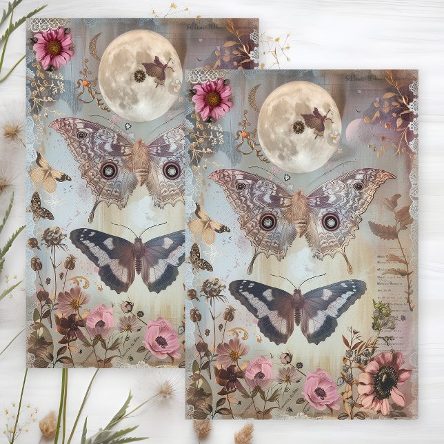 PAPIER DE SOIE DECOUPAGE LUNE ET PAPILLON (MOON AND MOTH DECOUPAGE TISSUE PAPER)