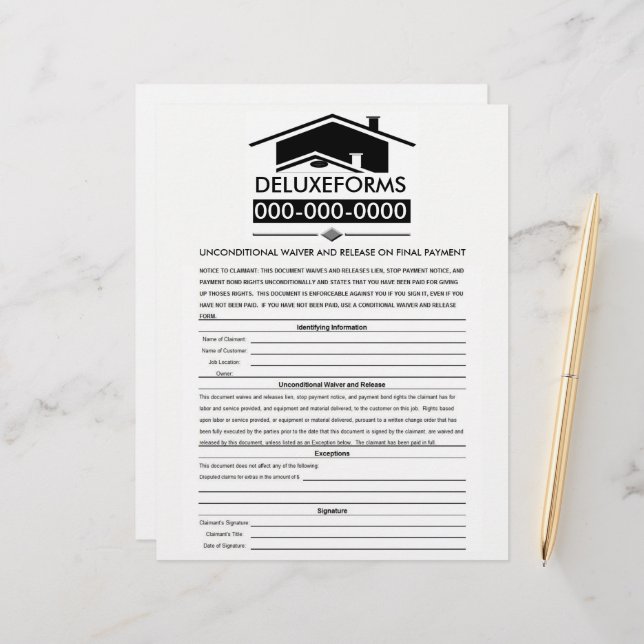 Papier Décharge et renonciation irrévocable sur le toit n (Devant/Arrière en situation)