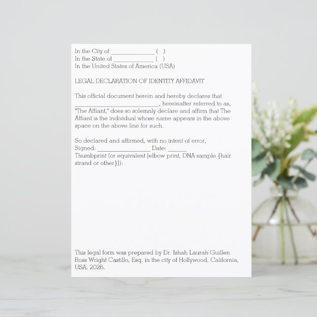 Papier Déclaration légale d'affidavit d'identification (Debout devant)