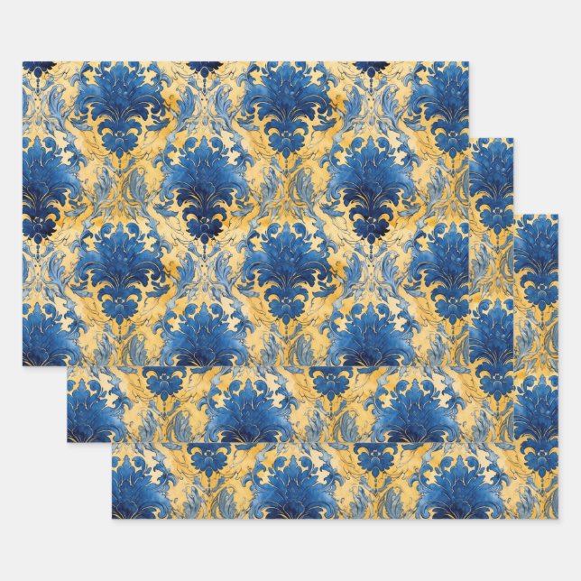 PAPIER DÉCORATIF BLEU ET OR DAMASK (Lot)