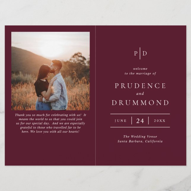 Papier Deep Burgundy Elegant Classic Wedding Program (Devant)