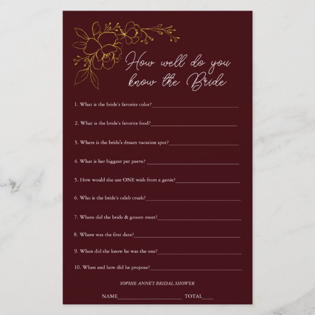 Papier Deep Burgundy Who Knows The Bride Shower Game (Devant)