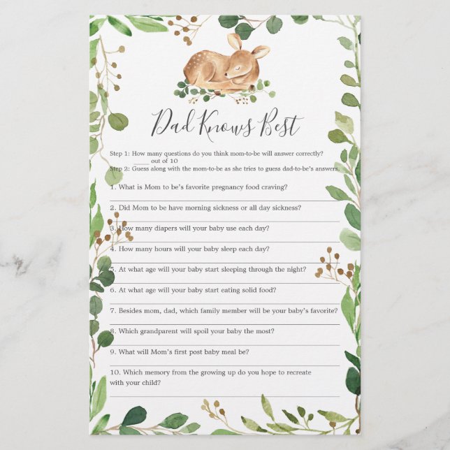 Papier Deer Baby shower Papa connaît le meilleur jeu (Devant)
