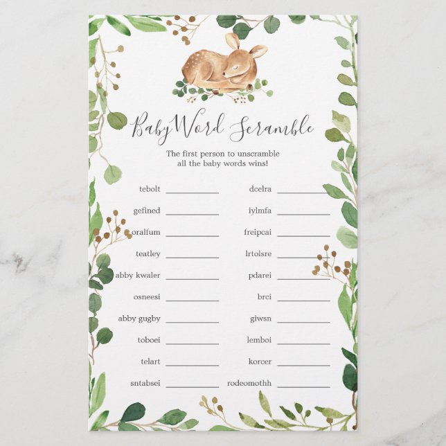 Papier Deer Baby shower Word Scramble Jeu (Devant)