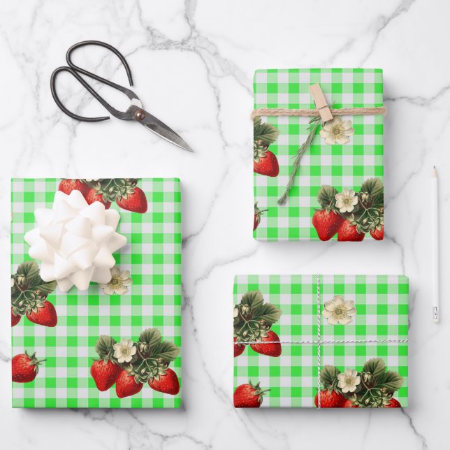 Papier d'emballage à la fraise sur carreaux verts (Recto)
