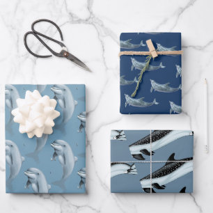Papier d'emballage bleu motifs dauphin