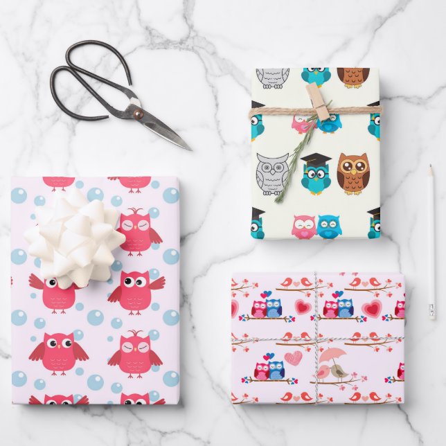 papier d'emballage cadeau à thème hibou rose et ja (Recto)