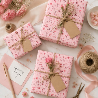 Papier d'emballage cadeau botanique floral rose mi