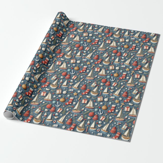 Papier d'emballage cadeau de Noël nautique  (Déroulé)