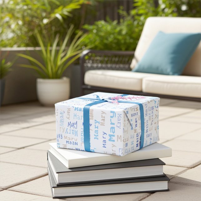 Papier d'emballage cadeau de nom bleu personnalisa (Créateur téléchargé)