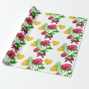 Papier d'emballage cadeau Roses & Cœur en Or